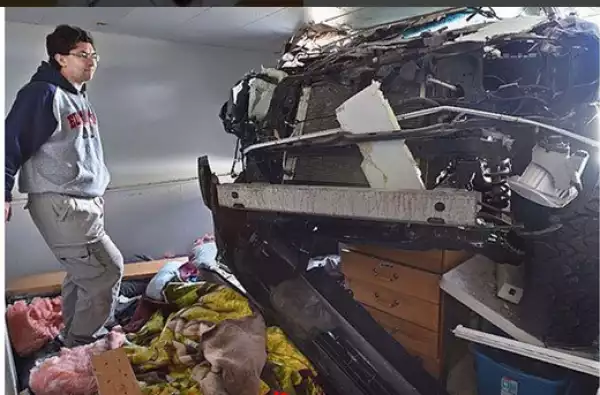Truck Stops At The Edge Of Bed After Smashing Into Sleeping Man’s Bedroom. Photos